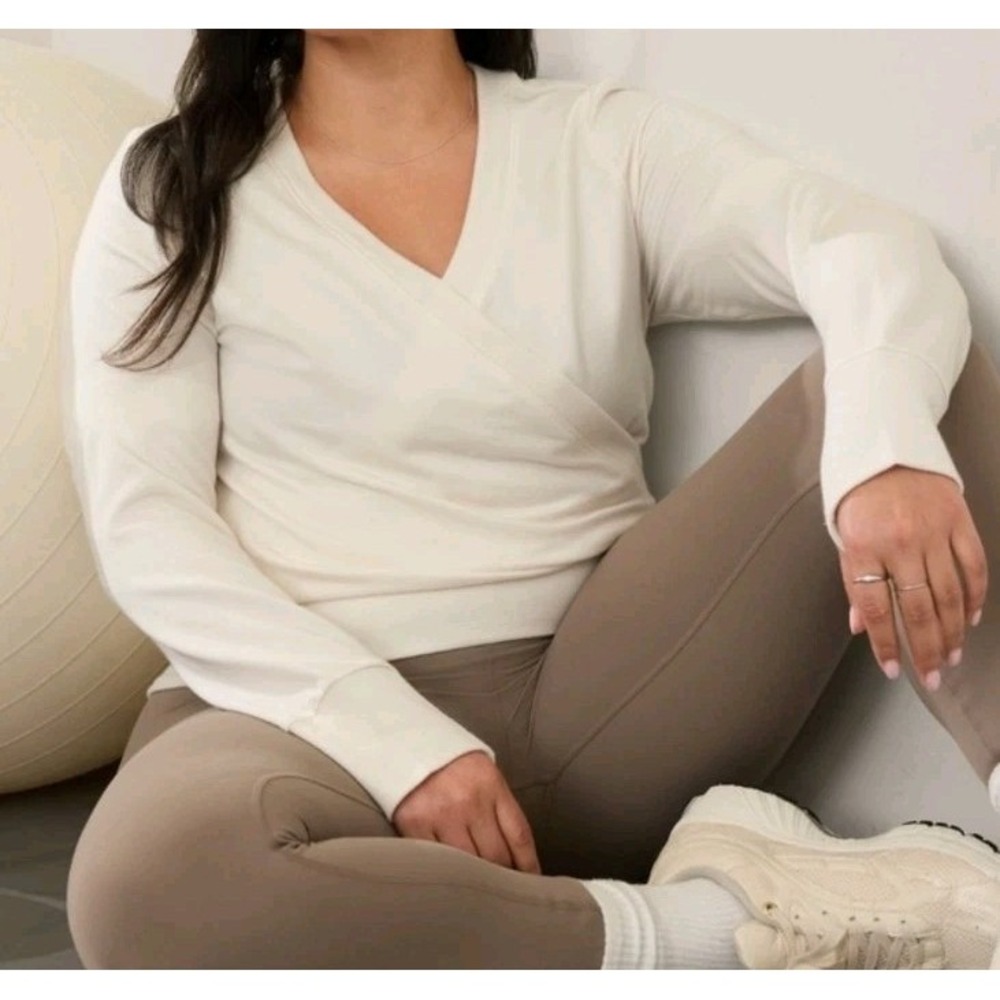 Athleta Sweater XL Recharge Faux Wrap Sweatshirt Soft Tencel Cream Stretch New